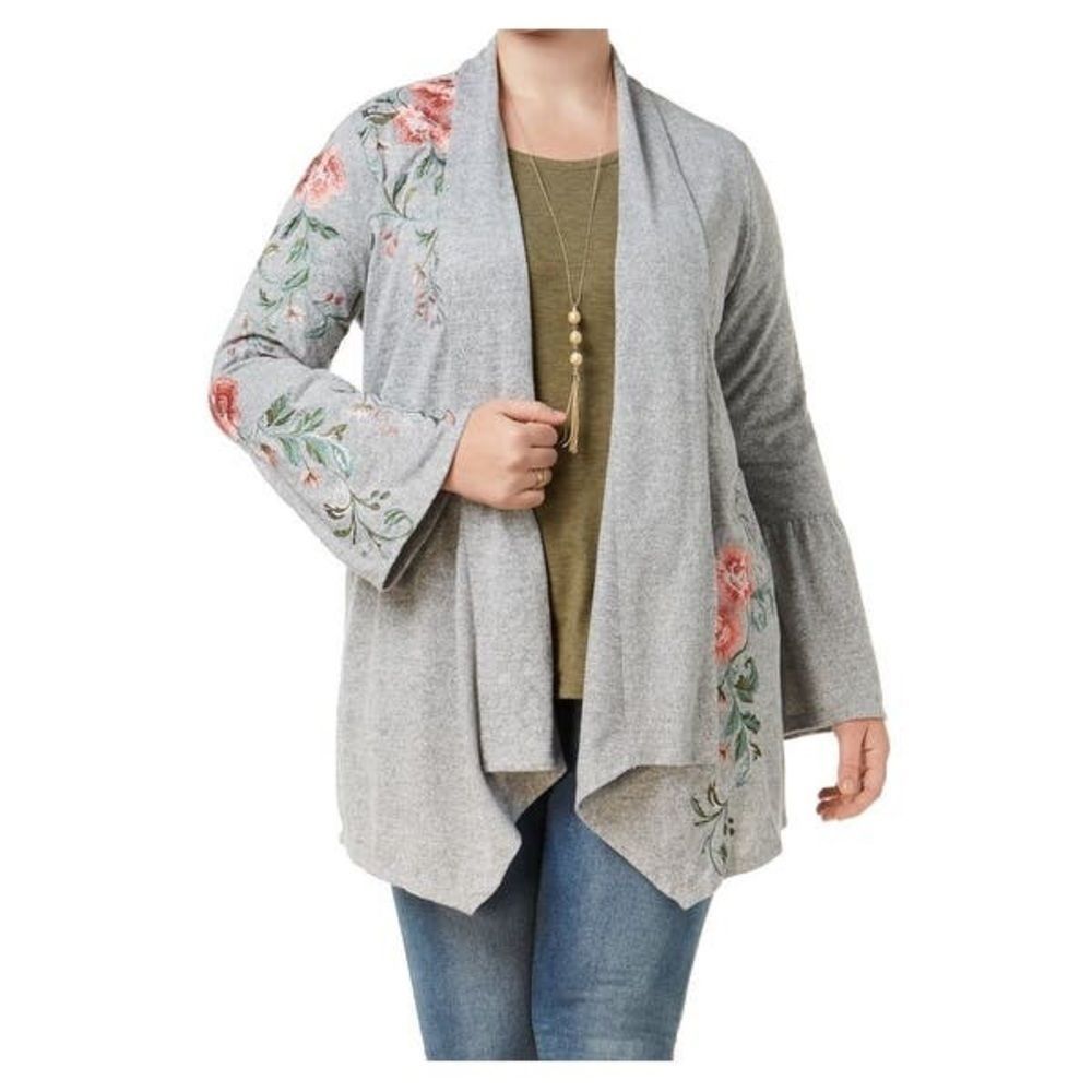 INC Floral Gray Long Open Bell Sleeve Sweater